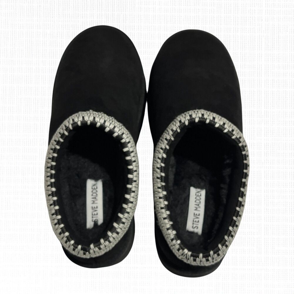 Steve Madden Slippers Womens 7.5 Selena Black Suede Mule Slip On Faux Fur Lining